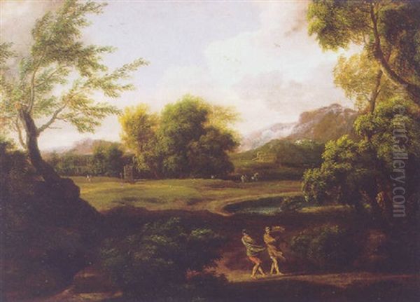 Travelers In A Landscape Oil Painting by Gaspard Dughet