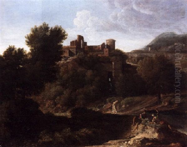 An Italianate Landscape With Figures Resting Before A Hill Top Town Oil Painting by Gaspard Dughet