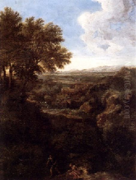 An Italianate Landscape With Figures Resting On A Hill Overlooking A Town Oil Painting by Gaspard Dughet