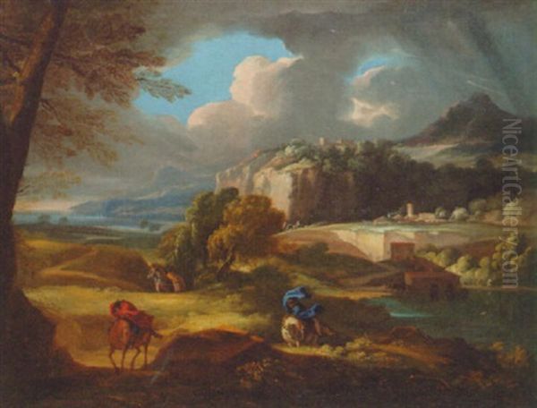 An Extensive Italianate Landscape With Travellers In A Storm Oil Painting by Gaspard Dughet