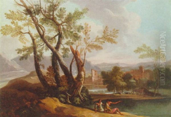 An Italianate Landscape With Figures Conversing By A Lake Oil Painting by Gaspard Dughet