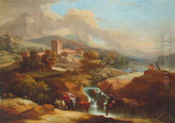 An Italianate Landscape With Drovers By A Pool, A Lake Beyond Oil Painting by Gaspard Dughet