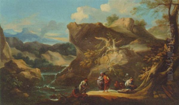 An Italianate Landscape With Fishermen And Washerwomen At A Pool Oil Painting by Gaspard Dughet