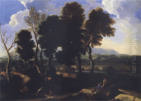 Landscape With Figures Resting, One Accompanied By A Dog Drinking From A Pool Oil Painting by Gaspard Dughet