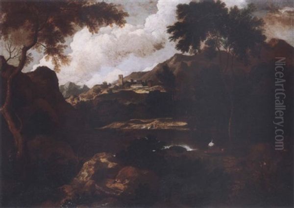 Landscape With Figures By A Lake, A Town On A Hill Beyond by Gaspard Dughet