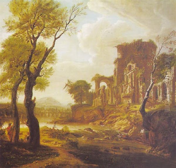 Figures Amongst Ruins By A River With A Bridge Beyond Oil Painting by Gaspard Dughet