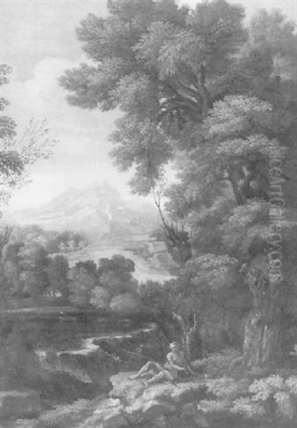 A Classical Youth Reclining In A Wooded Italianate Landscape With A Waterfall And Mountains Beyond Oil Painting by Gaspard Dughet