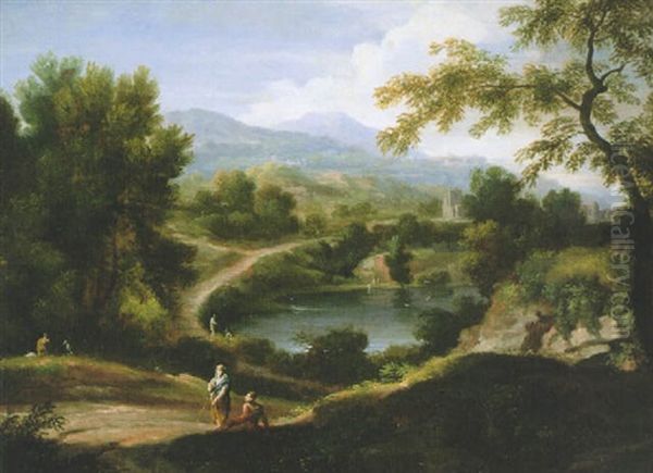 Figures By A Lake In An Italianate Landscape Oil Painting by Gaspard Dughet