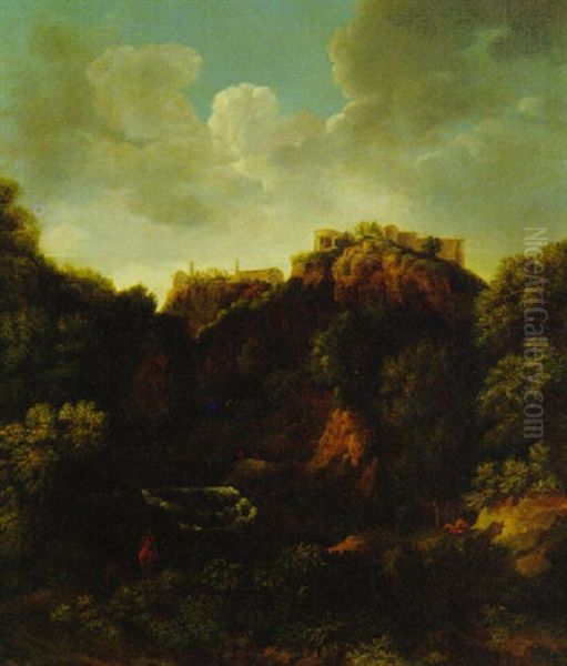 A Classical Landscape With Figures Before A Waterfall, A Hilltop Villa Beyond Oil Painting by Gaspard Dughet