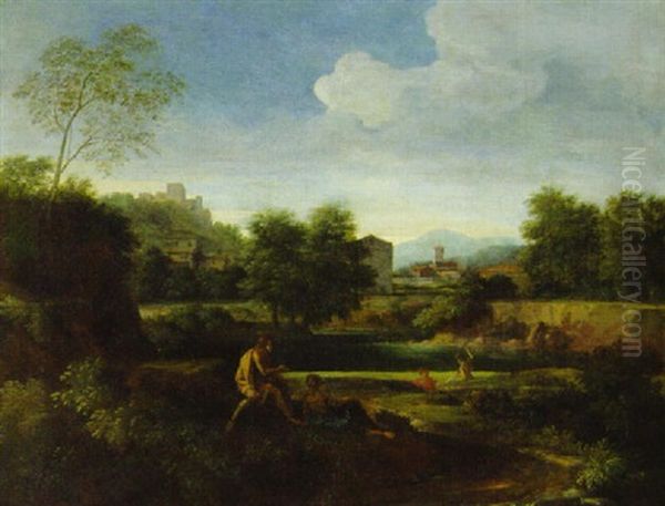 An Italianate Landscape With Figures By A Pool Oil Painting by Gaspard Dughet