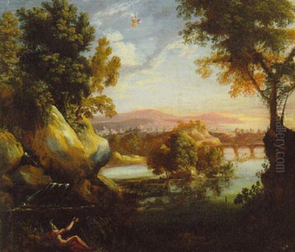 An Extensive River Landscape At Dawn, A River God On A Bank, With Aurora Oil Painting by Gaspard Dughet