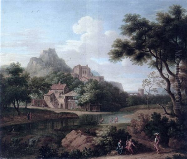 Figures On A Path In An Italianate River Landscape With A Citadel And Village Beyond Oil Painting by Gaspard Dughet