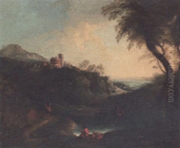 A Rocky Landscape With Peasants By A Pool Oil Painting by Gaspard Dughet