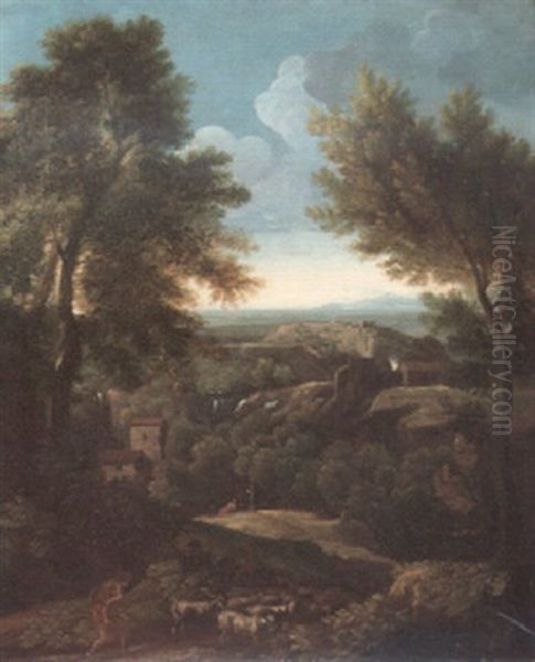 An  Italianate River Landscape With A Goatherd Oil Painting by Gaspard Dughet