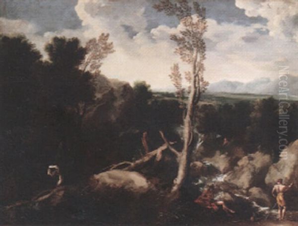 Rocky Wooded Landscape With Figures By A Torrent Oil Painting by Gaspard Dughet