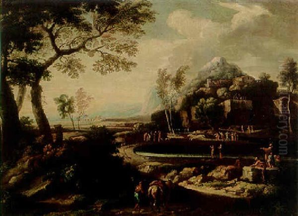 A Classical Landscape With A Traveller And A Pack-horse On A Track, Figures Around A Lake Beyond Oil Painting by Gaspard Dughet