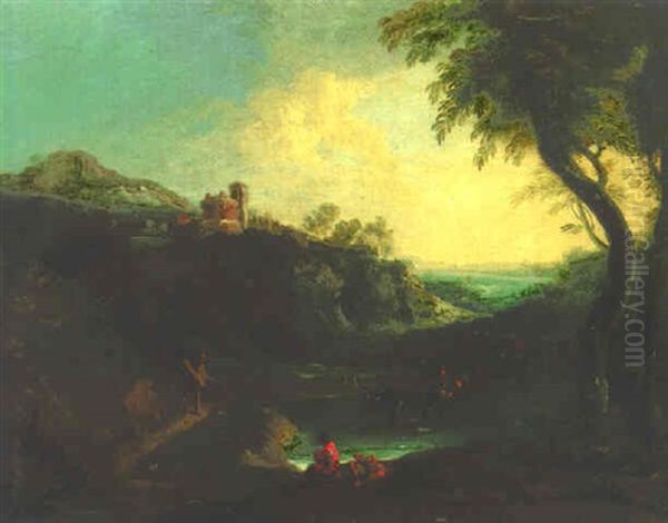 A Rocky Landscape With Peasants By A Pool Oil Painting by Gaspard Dughet