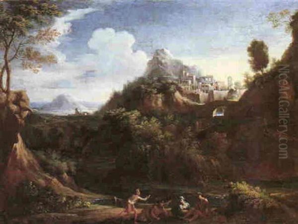 An Italianate Landscape With Figures, A Hill Town Above A Waterfall And The Sea Beyond Oil Painting by Gaspard Dughet