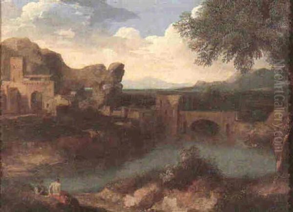 An Italianate Landscape With Figures Resting Beside A River, Roman Ruins, A Bridge, Coastline And Mountains Oil Painting by Gaspard Dughet