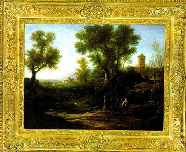 Bewaldete Sudliche Landschaft Im Abendlicht Mit Einem Kloster Und Ruinen Oil Painting by Gaspard Dughet