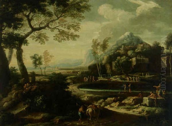 A Classical Landscape With A Traveller And A Pack-horse On A Track, Figures Around A Lake Beyond Oil Painting by Gaspard Dughet