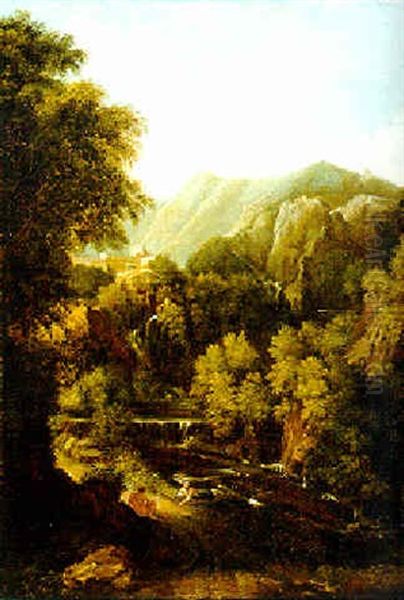 A Mountainous River Landscape With Travellers Resting Near A Waterfall Oil Painting by Gaspard Dughet