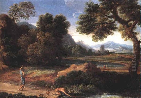 A Classical Landscape With A Figure On A Path And Another Kneeling At The Edge Of A River Oil Painting by Gaspard Dughet