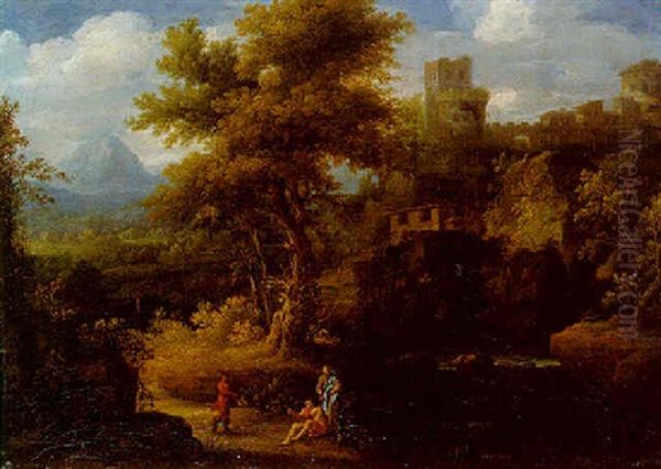 An Italianate Landscape With Figures Resting By A Torrent Near A Castle Oil Painting by Gaspard Dughet