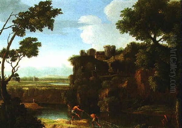 Arcadian Landscape With Fishermen Oil Painting by Gaspard Dughet