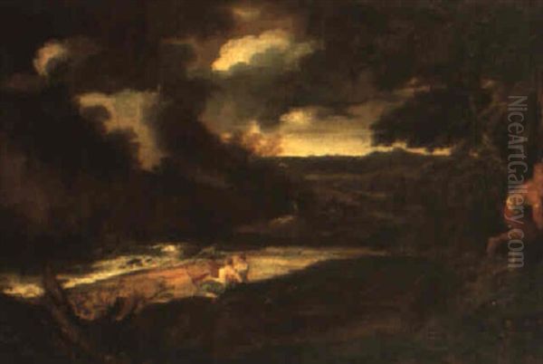 Stormy Landscape With Figures Beside A River Oil Painting by Gaspard Dughet