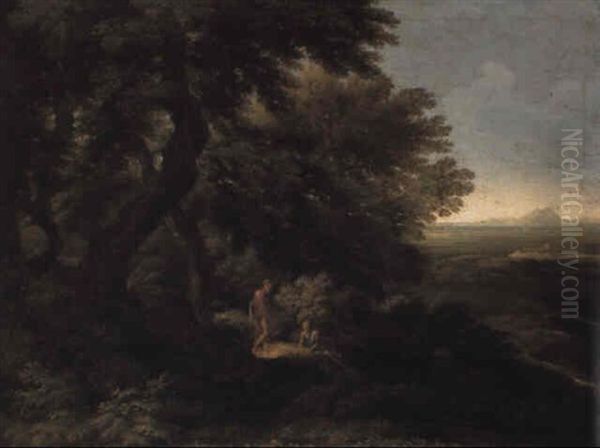 A Classical Landscape With Figures Conversing Near A Wood Oil Painting by Gaspard Dughet