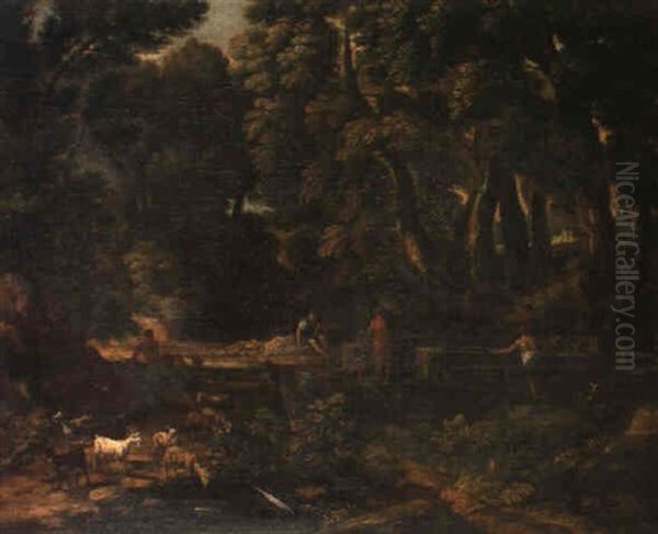 A Roman Landscape With A Shepherd Driving His Flock Along A Path Oil Painting by Gaspard Dughet