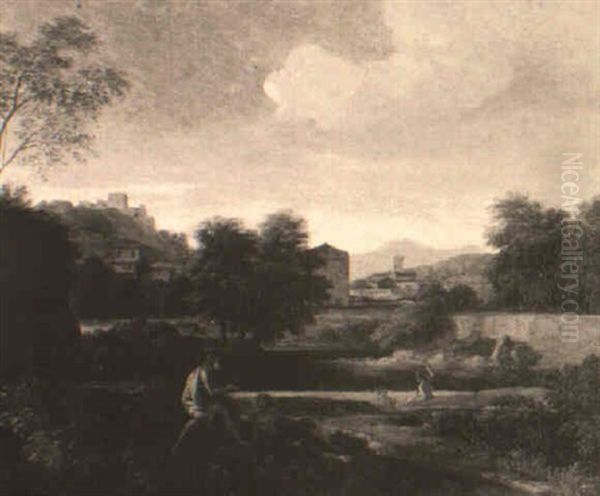 Figures In A Classical Landscape Oil Painting by Gaspard Dughet