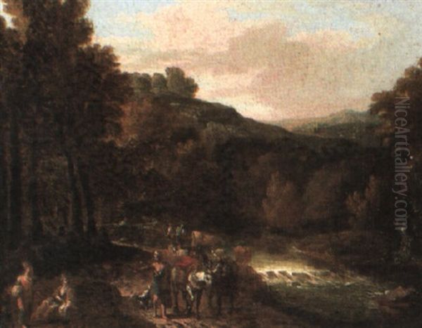 River Landscape With Travellers And Donkeys Oil Painting by Gaspard Dughet