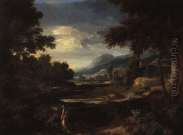 Italianate Landscape Scene With Two Figures Near A Stream Oil Painting by Gaspard Dughet