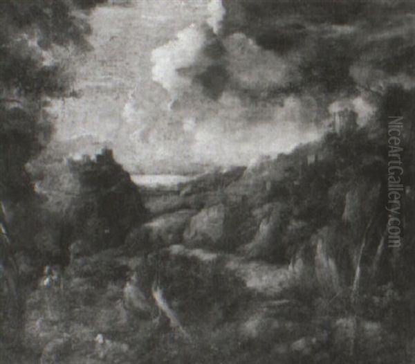 Wooded Italianate Landscape With Two Classical Figures Oil Painting by Gaspard Dughet