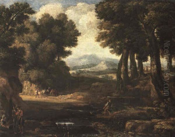 Italianate Wooded Landscape With Fisherman And Travellers On A Track Oil Painting by Gaspard Dughet