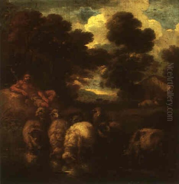 Landscape With A Shepherd And Sheep Oil Painting by Gaspard Dughet