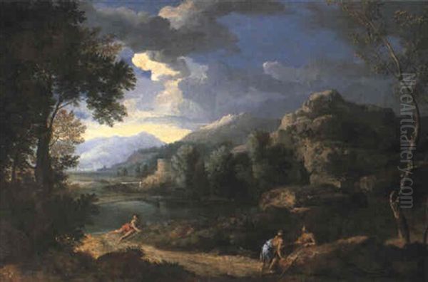 Classical Landscape With Three Shepherds By A Lake Oil Painting by Gaspard Dughet