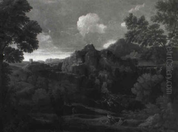 Italianate Landscape With Shepherds On A Path, A Hilltop Town Beyond Oil Painting by Gaspard Dughet