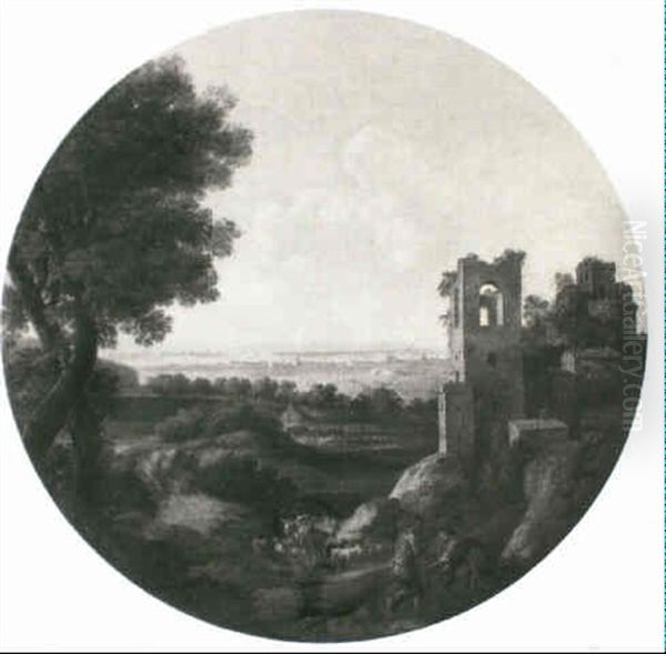 A Classical Landscape With A Herdsman Leading His Livestock Along A Path At The Base Of A Ruined Castle Whilst Two by Gaspard Dughet