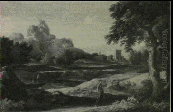 Jeune Femme Rencontrant Un Berger Dans Un Paysage De        Riviere by Gaspard Dughet