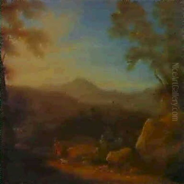 Paesaggio Romano Al Tramonto Con Tre Viandanti     Paesaggio Romano All'alba Con Grande Albero A Sinistra Oil Painting by Gaspard Dughet