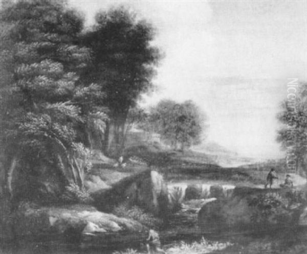 An Italianate Landscape With Figures                        On A Track By A Waterfall Oil Painting by Gaspard Dughet