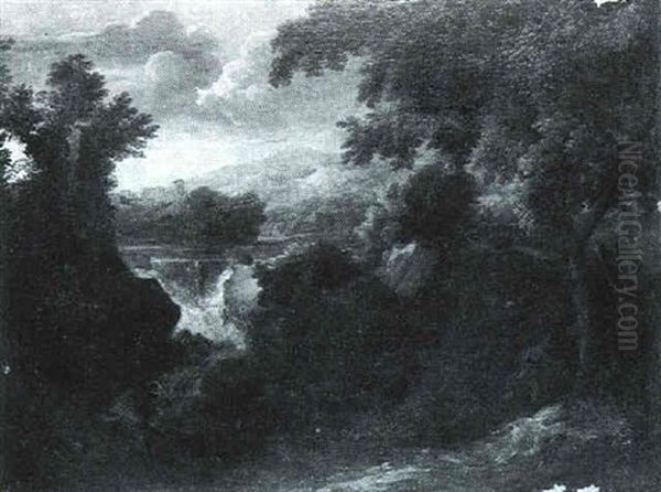 An Extensive Italianate Land- Scape With Figures Before A   Waterfall Oil Painting by Gaspard Dughet