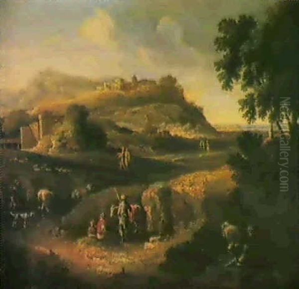 An Extensive Italianate Landscape With Herders And          Travellers On A Track Oil Painting by Gaspard Dughet