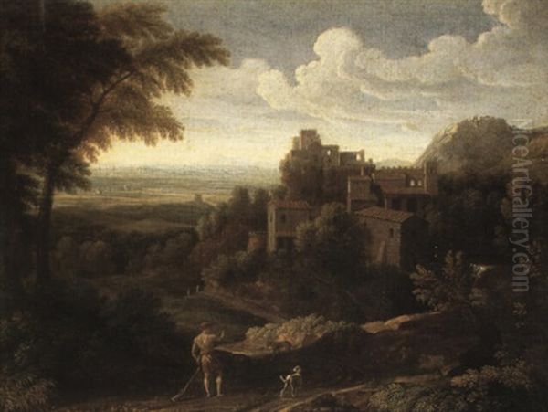 An Italianate Landscape With A Hunter And Dogs Near A       Hill-top Town Oil Painting by Gaspard Dughet