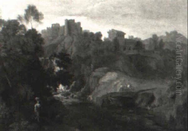 Italianate Landscape With Figures, A Waterfall And Ruins Oil Painting by Gaspard Dughet