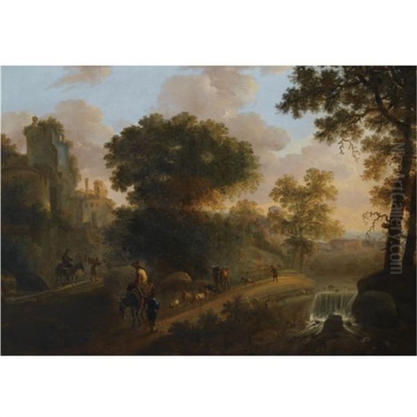 An Italianate Wooded Landscape With Shepherds Herding Their Flock And Cattle On A Path Near A Ruined Tower, A View Of A Village Beyond Oil Painting by Abraham van Duijnen