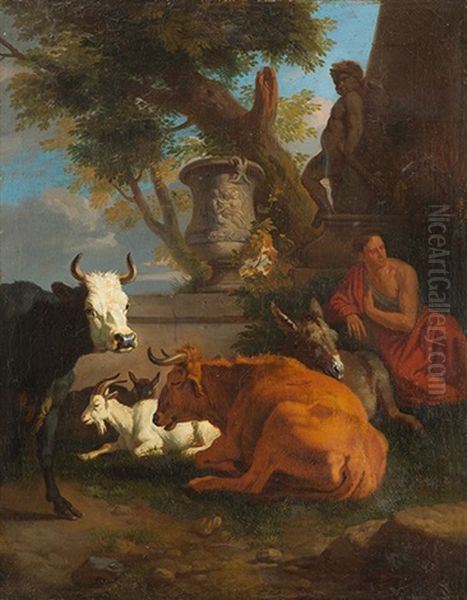 Hirte Mit Esel, Kuhen Und Ziegen, Im Hintergrund Ein Skulptural Geschmucktes Grabmal Oil Painting by Karel Dujardin